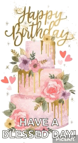 A Pink And Gold Birthday Cake With Flowers And Hearts On It GIF