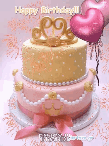 A Pink And Gold Birthday Cake With The Words Happy Birthday Written Above It GIF