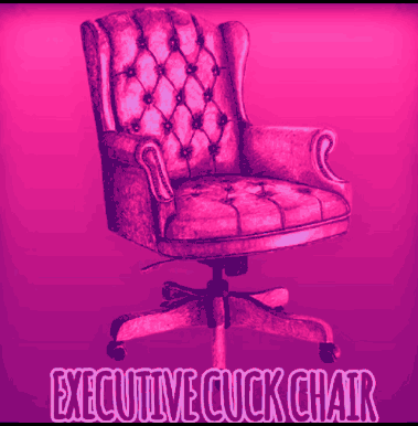 A Pink And Purple Chair With The Words Executive Cuck Chair On It GIF