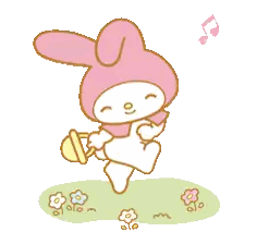a pink and white bunny is holding a watering can in a field