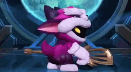 a pink and white cartoon cat is holding a broom in its mouth .
