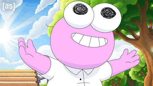 A Pink And White Cartoon Character Is Standing In Front Of A Bench With The Sun Shining Through The Clouds GIF