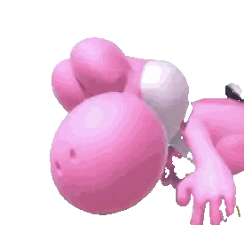 a pink and white cartoon character with a huge mouth