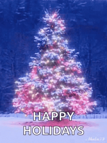 A Pink And White Christmas Tree With The Words Happy Holidays Written Below It GIF