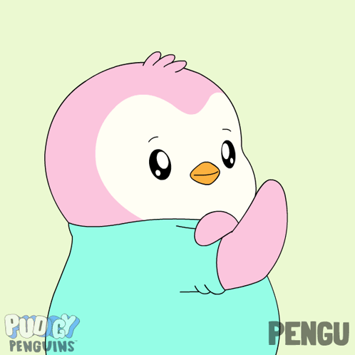 A Pink And White Penguin Is Wrapped In A Blue Blanket And Has The Word Pengu On The Bottom GIF