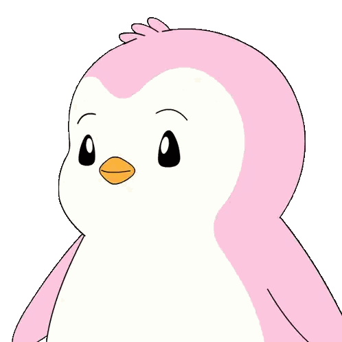 a pink and white penguin with an orange beak is looking at the camera