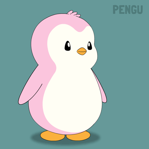 A Pink And White Penguin With The Word Pengu Written On The Bottom GIF