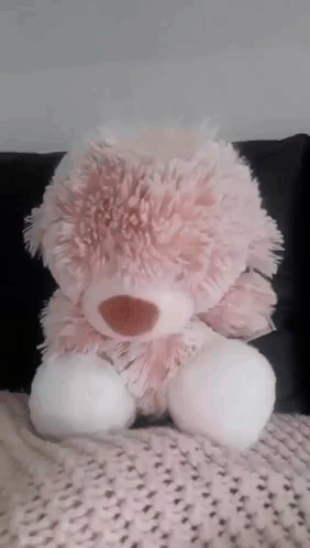 A Pink And White Teddy Bear Is Sitting On A Blanket On A Couch . GIF