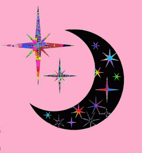 A Pink Background With A Black Crescent Moon And Colorful Stars GIF