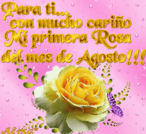 A Pink Background With A Yellow Rose And A Butterfly GIF