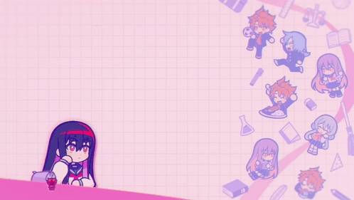 A Pink Background With Cartoon Characters And A Coca Cola Bottle GIF