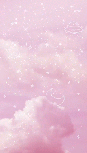 A Pink Background With Clouds , Stars And Planets On It GIF