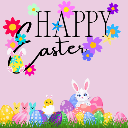 A Pink Background With Easter Eggs And Flowers With The Words Happy Easter GIF