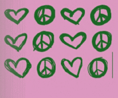 a pink background with green hearts and peace symbols