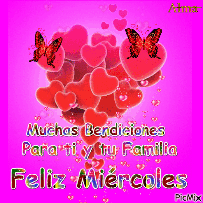 A Pink Background With Hearts And Butterflies And The Words Muchas Bendiciones Para Ti Y Tu Familia GIF