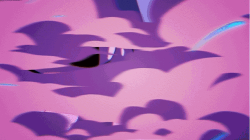 A Pink Background With Purple Clouds And A Rainbow In The Background GIF