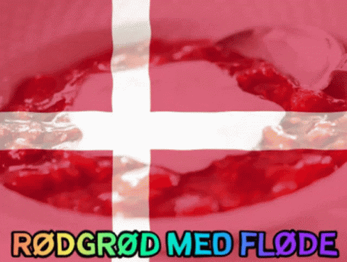 A Pink Background With The Words Rødgrød Med Flode On The Bottom GIF