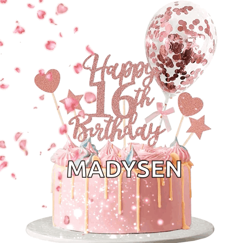A Pink Birthday Cake With A Happy 16Th Birthday Topper GIF