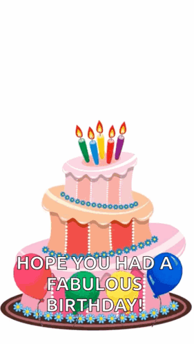 A Pink Birthday Cake With Candles And Balloons And The Words Hope You Had A Fabulous Birthday GIF