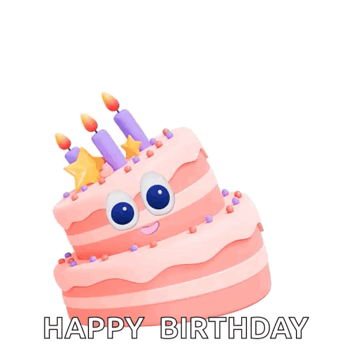 A Pink Birthday Cake With Candles And Confetti And The Words Happy Birthday Below It GIF