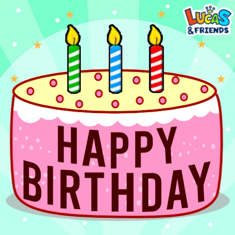 A Pink Birthday Cake With Three Candles And The Words Happy Birthday GIF