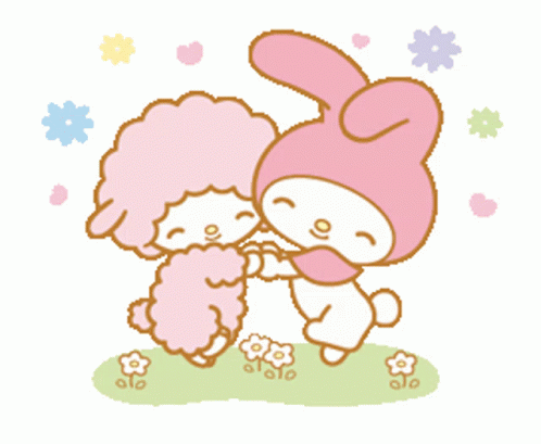 A Pink Bunny And A Pink Sheep Holding Hands GIF