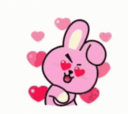 A Pink Bunny Rabbit With Hearts In Its Eyes Is Surrounded By Hearts . GIF