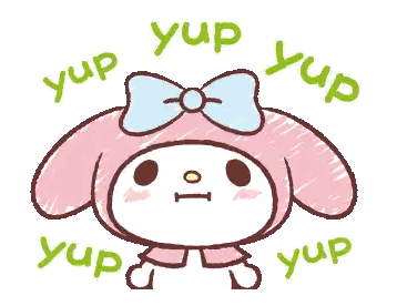 a pink bunny with a blue bow and the words yup yup yup yup