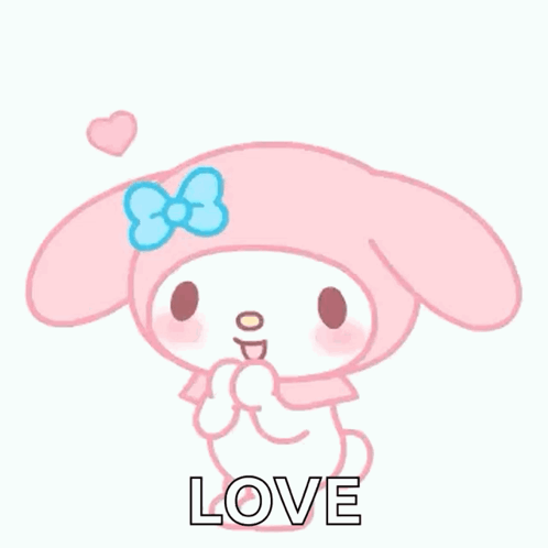a pink bunny with a blue bow is surrounded by pink hearts and says love .