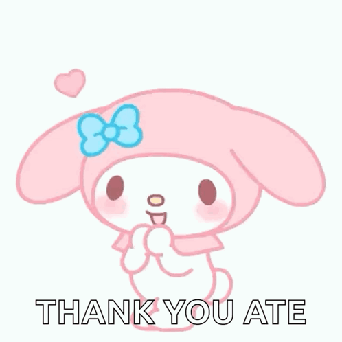 A Pink Bunny With A Blue Bow On Its Head Is Surrounded By Pink Hearts And Says `` Thank You Ate '' . GIF