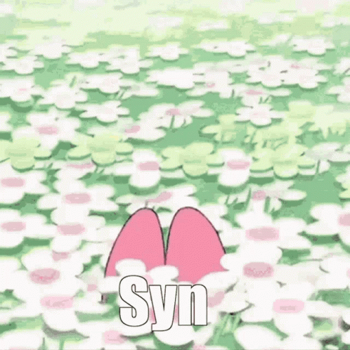 A Pink Bunny With A Flower In Its Hair Is Standing In A Field Of White Flowers . GIF