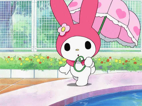 A Pink Bunny With A Flower On Her Head Is Holding An Umbrella Over A Pool GIF