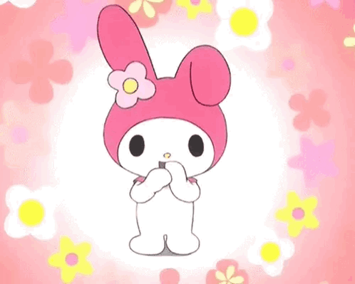 A Pink Bunny With A Flower On Its Head Is Standing On A Pink Background With Flowers . GIF