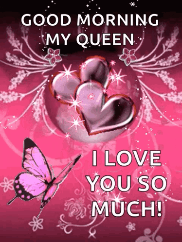 A Pink Butterfly Is On A Pink Background With The Words " Good Morning My Queen " GIF