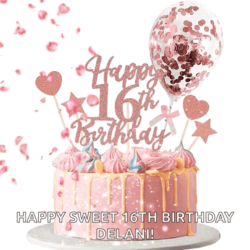 A Pink Cake With A Happy 16Th Birthday Sign On Top GIF