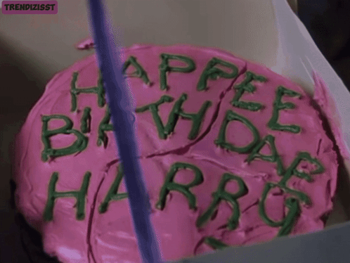 A Pink Cake With Green Frosting That Says Happy Birthday Harry GIF