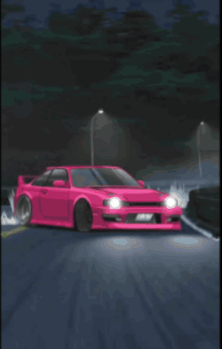 A Pink Car Is Driving Down A Road At Night With A Sign That Says " A " On It GIF