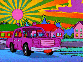A Pink Car Is Driving Down A Street In A Colorful Cartoon Scene GIF