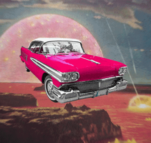 A Pink Car Is Flying In The Air With A Pink Planet In The Background GIF