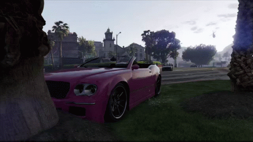 A Pink Car Is Parked In A Grassy Field GIF