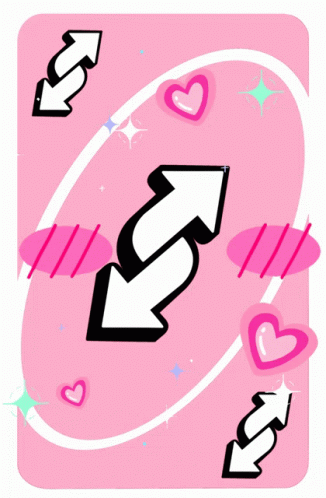 A Pink Card With Arrows Pointing In Opposite Directions And Hearts GIF