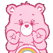 a pink care bear is holding a rainbow in its paws .