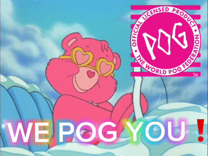 A Pink Care Bear Is Holding A Sign That Says We Pog You GIF