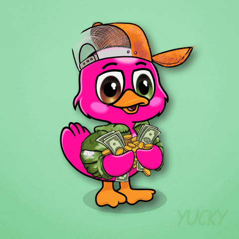 A Pink Cartoon Bird Holding A Bunch Of Money And Gold Coins GIF