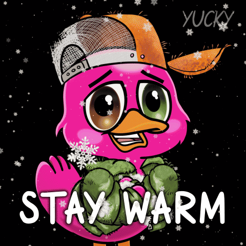 A Pink Cartoon Bird Wearing A Hat And Scarf With The Words Stay Warm Below It GIF