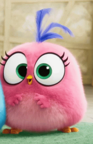A Pink Cartoon Bird With A Blue Feather In Its Hair GIF