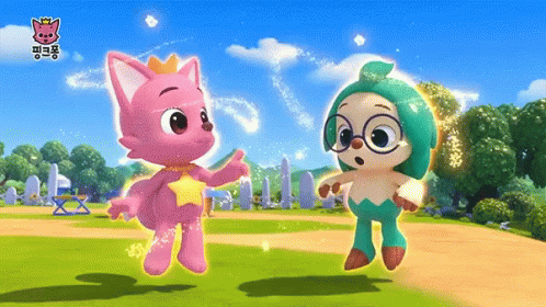 A Pink Cartoon Cat And A Green Cartoon Character Are Standing Next To Each Other In A Field . GIF