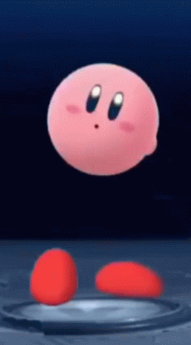 A Pink Cartoon Character Is Floating In The Air With Red Legs . GIF