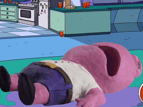 A Pink Cartoon Character Is Laying On The Floor With A Hole In His Butt GIF