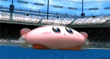 a pink cartoon character is running on a track in front of a stadium